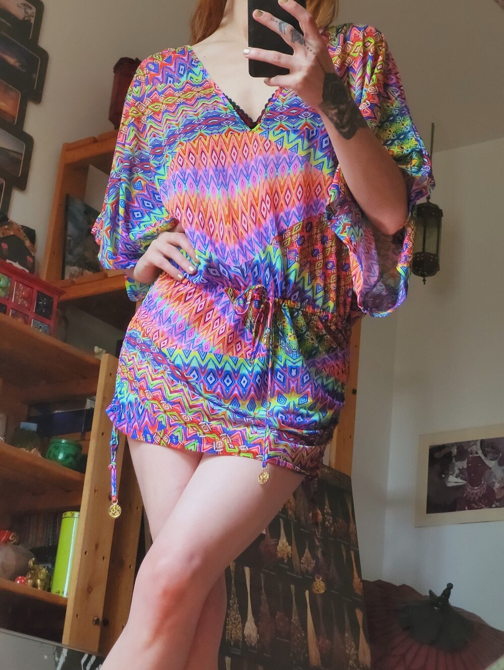Luli Fama Cabana V-neck Multicolor Zigzag Swim Coverup Dress - M